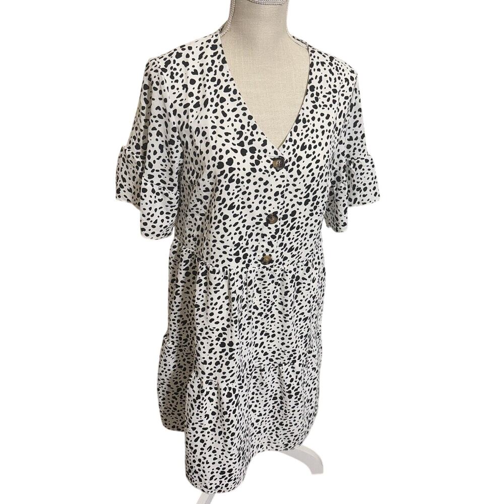 Dalmatian Tiered Polka Dot Mini Dress Spotted Black White Sz Small Spring Fun‎